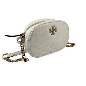 Tory Burch Kira Chevron Small Camera White Leather Crossbody Purse Bag Chain